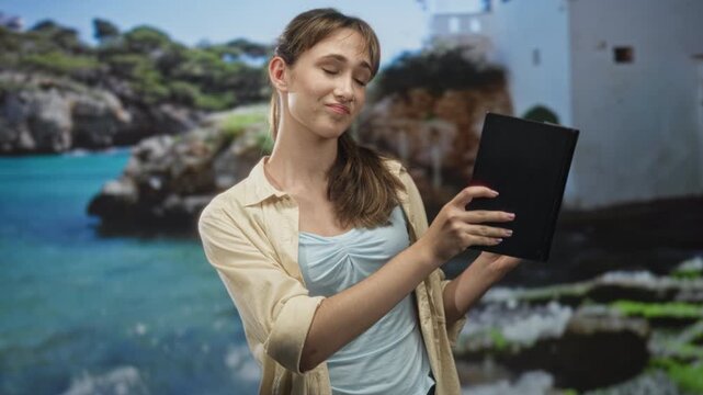Woman holding open book and reading with hands visible in studio with seaside backdrop; quiet contemplation.