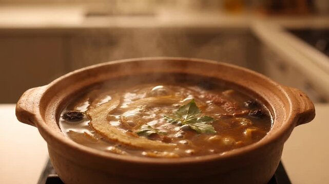 Steaming Clay Pot Seafood Stew. Traditional Asian Gourmet Soup for Restaurant Menus, Culinary Advertising & Food Blogs.