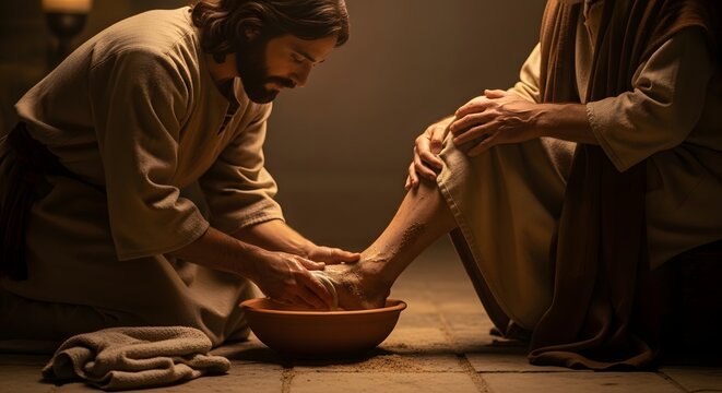 A poignant depiction of humble service, as one man tenderly washes the feet of another, symbolizing devotion, care, and a spirit of servitude in a classic, ancient setting