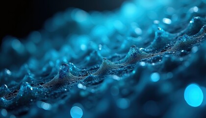Abstract Bioluminescent Wave With Tiny Sparkles Glowing In Deep Blue Water