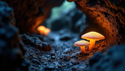 Magical Glowing Mushrooms Illuminating Dark Cave Floor With Soft Orange Light