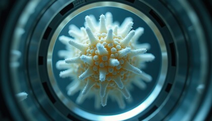 Close-up of a white spiky virus or bacteria cell magnified inside a futuristic laboratory containment unit with