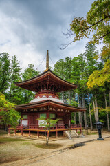 The colorful Toto Pagoda in  Danjon Garan Shingon buddhism temple complex in Koyasan, Wakayama, Japan