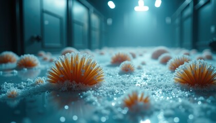 Ethereal microscopic view of orange crystalline structures on a snowy blue illuminated corridor floor with soft focus