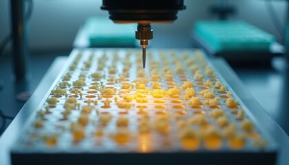 Automated Precision Drilling Machine Working on Yellow Small Objects in a Laboratory Setting with Soft Blue and Yellow