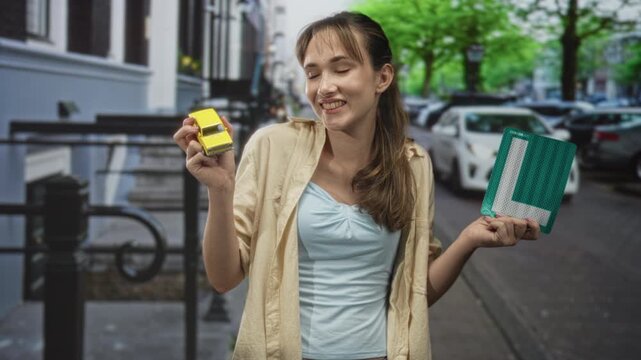 Young woman holds yellow toy car and green learner l plate while smiling on a city street; learner pride.