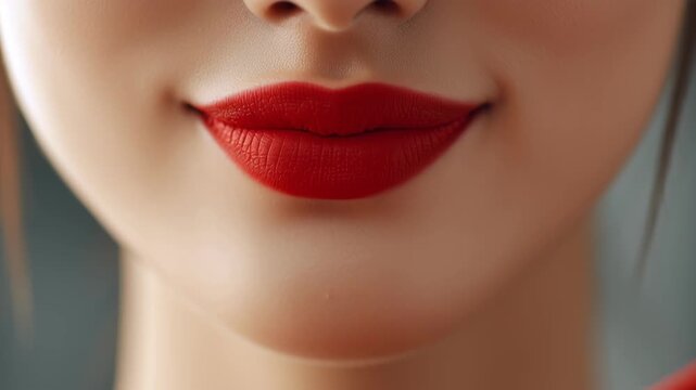 Close up of red lips with lipstick smile, smooth skin and elegant makeup holding red leather envelope, festive beauty concept
