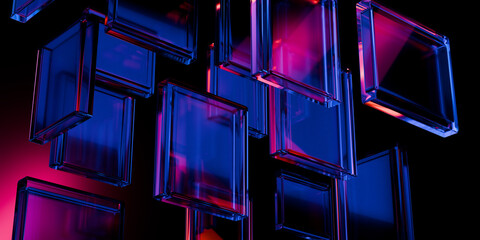 Cyberfuturistic transparent glass plane elements and liquid acrylic red purple blue glow on black backdrop cinematic tech background design cover art visuals 3d rendering © IM_VISUALS