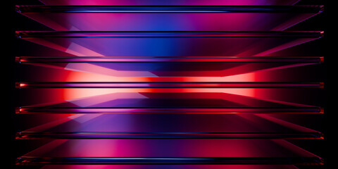 Cyberfuturistic transparent glass plane elements and liquid acrylic red purple blue glow on black backdrop cinematic tech background design cover art visuals 3d rendering © IM_VISUALS