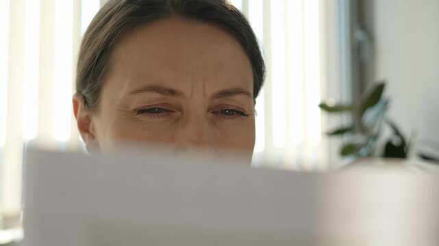 Presbyopia woman stress fatigue focus concept. presbyopia woman stress fatigue focus middle aged adult reading difficulty eye strain concentration