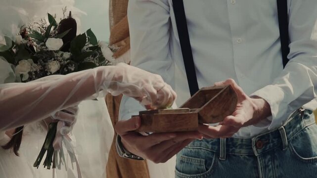 The bride takes the ring from the box and puts it on the groom's finger. Actions that seal the marriage.