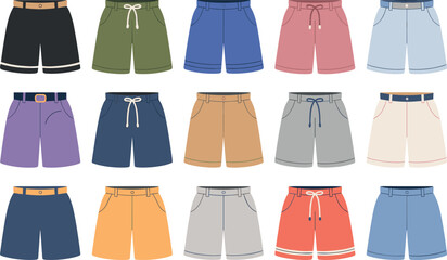 Large collection of colorful men's casual shorts and swim trunks in various styles isolated on white background vector. © Ahmed Sahid