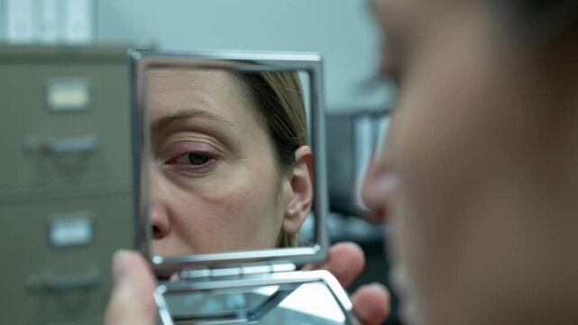 Presbyopia woman stress fatigue focus concept. presbyopia woman stress fatigue focus reflection mirror eye strain office anxiety tired face closeup