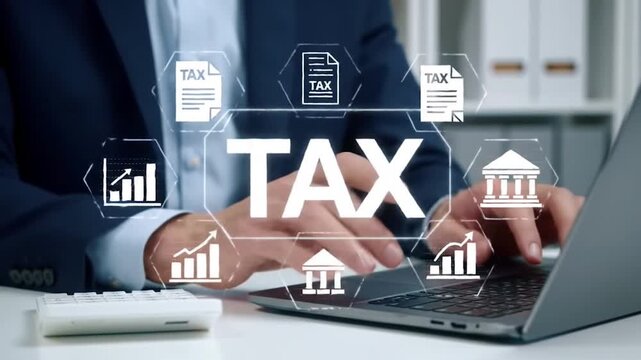 Businessman hands typing on laptop keyboard with digital tax icons and charts overlayed, cinematic motion, stock media
