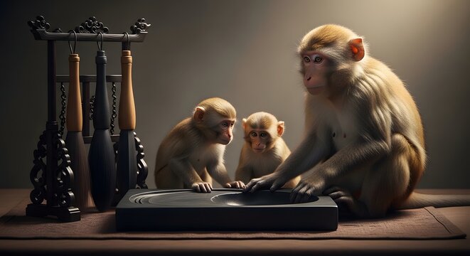 A wise adult monkey guides two curious young ones in the art of music, exploring a turntable setup with focused attention in a dimly lit, antique-inspired setting
