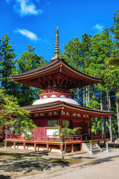 The colorful Toto Pagoda in  Danjon Garan Shingon buddhism temple complex in Koyasan, Wakayama, Japan