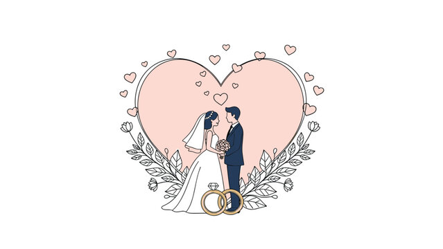 Romantic wedding illustration featuring a bride and groom inside a heart frame decorated with leaves, flowers, and golden rings.