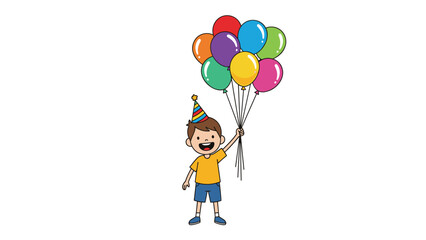 Happy young boy wearing a striped party hat holds a large cluster of colorful balloons during a fun birthday celebration.