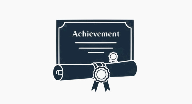 Certificate Icon &ndash; Dark Blue Vector Rolled Achievement with Ribbon and Flat Diploma