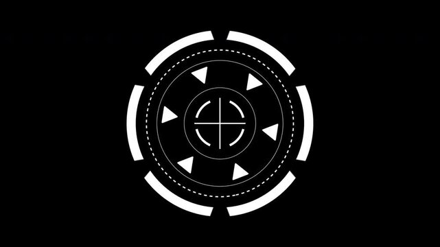 HUD circle target Ideal for gaming, sports, and military themes, this white target reticle on black circle background design is sharp and versatile.