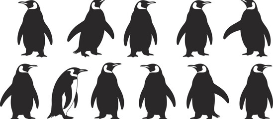 Penguin silhouettes collection standing poses set, Antarctic wildlife bird animal vector illustration isolated on white background for stock design © Hey world