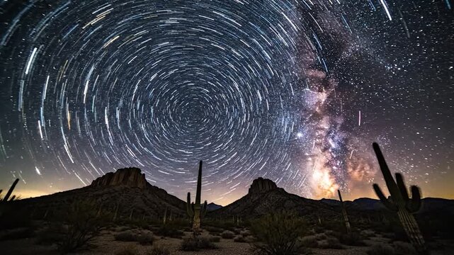 Swirling stars over desert mountains and cacti create a celestial spectacle