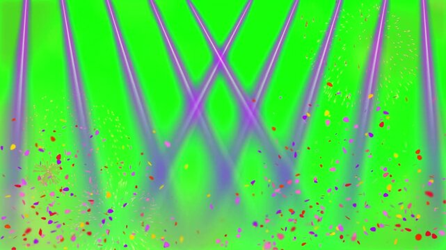 Dynamic vibrant multicolored confetti falling against a bright green screen background illuminated by sharp purple stage spotlight beams creating a party atmosphere