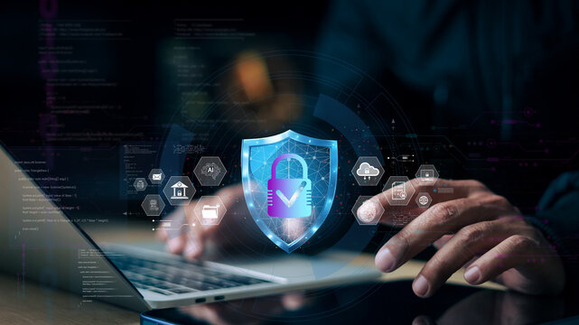 Cybersecurity shield, data encryption icons, cloud protection, and secure network interface. Concept of digital security and cyber defense technology.