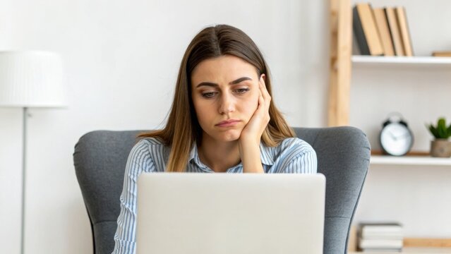 Tired young woman resting her face on hand while working on a laptop at home in a cozy living room.