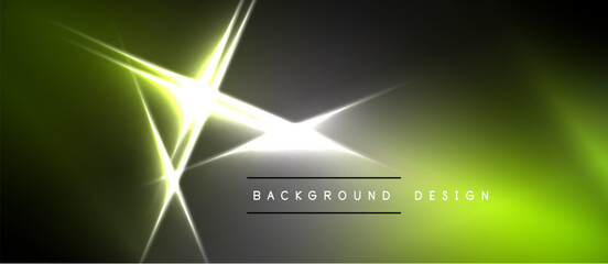 Fototapeta premium Abstract neon glow. Bright starburst effect over dark background. Gradient green, gray hues create dynamic visual. Text reads background design.