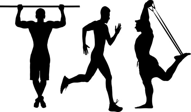 Fitness silhouettes three black silhouettes of people exercising with resistance band and pull up bar