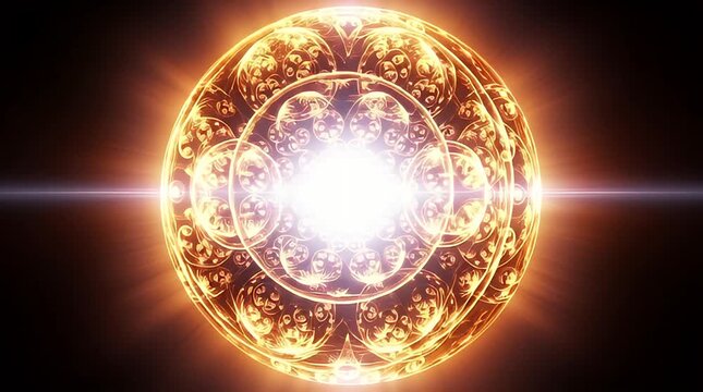 Glowing golden mandala with intricate patterns and radiant light effects in a dark environment viewed from the front