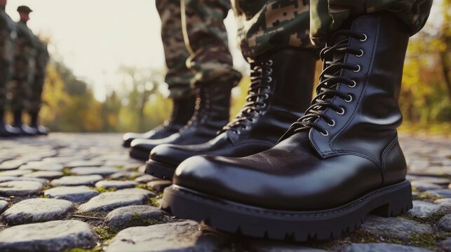 Military boots on cobblestone path during fall afternoon