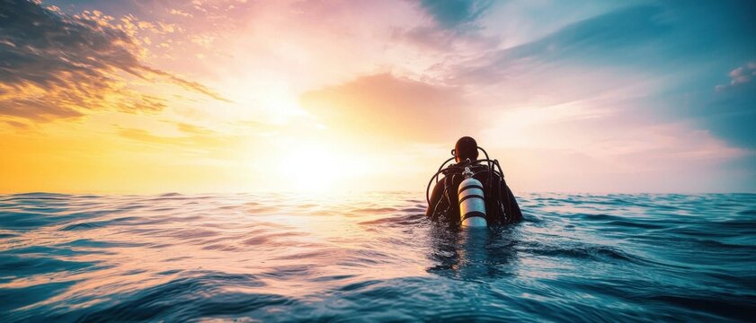 Diver Exploring Ocean at Sunset with Vibrant Colors
