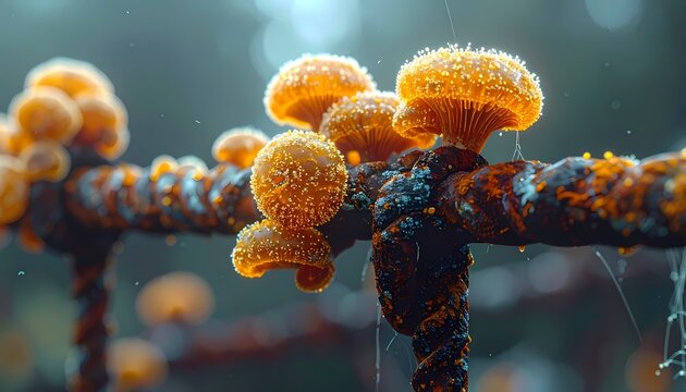 Luminous Orange Fungi Cluster Growing on Rusted Industrial Metal Bar, Detailed Macro Shot Highlighting Decay and Natural Resilience.