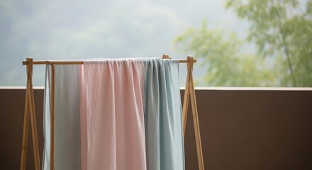 Colorful Towels Drying on Wooden Rack.