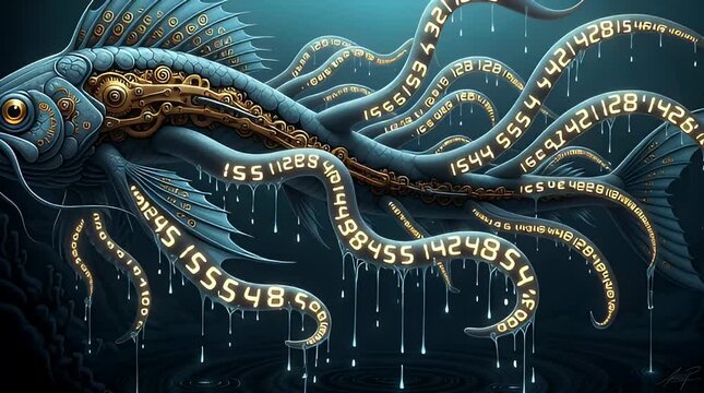 A digital squid with glowing tentacles and binary code flowing downwards in a dark, mysterious underwater scene from a close-up viewpoint.
