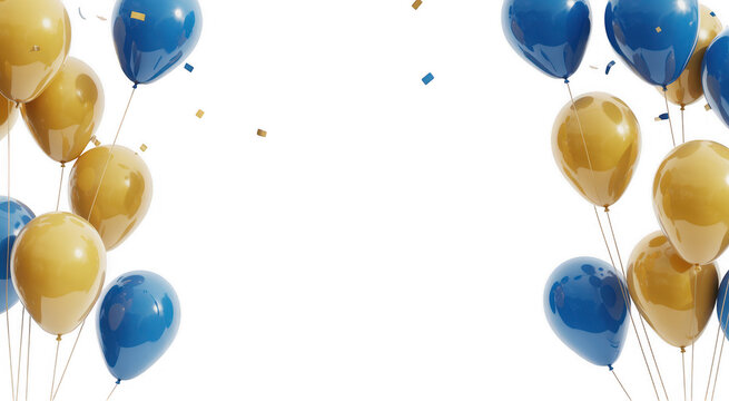Blue and gold balloons floating with confetti blue balloons party isolated on a transparent background