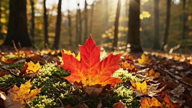 A single vibrant red maple leaf falling in a sunlit autumn forest.
