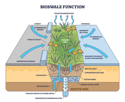 Bioswale function diagram shows how planted swales capture and filter stormwater, key elements include ponding area, engineered soil layers, and perforated underdrain pipe. Outline diagram