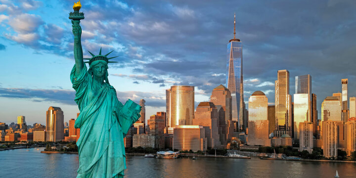 Liberty statue above New York City. New York City cityscape. Panoramic skyline with New York City. Skyline of New York City and Liberty statue. American landmark with NYC skyline.