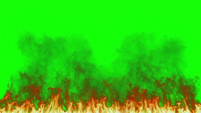 Realistic orange and yellow flames with rising dark smoke effects displayed across the bottom frame against a solid vibrant green screen background for easy compositing