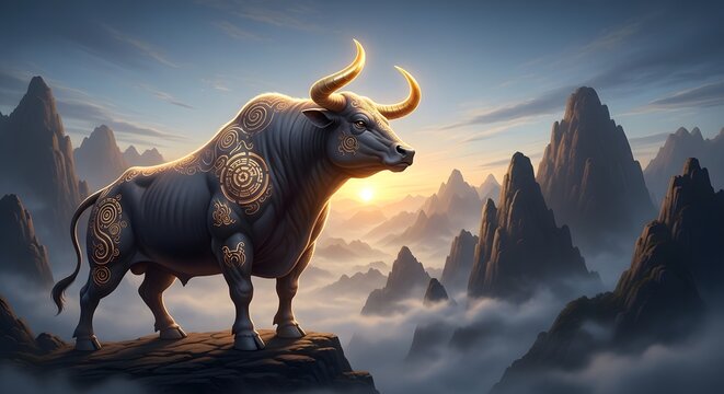 Majestic golden horned bull with intricate patterns stands atop a rugged mountain peak as the sun rises, casting a powerful silhouette over a misty, ethereal landscape