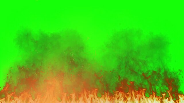 Intense fire and smoke animation displaying vivid orange flames rising against a vibrant chroma key green screen background perfect for visual effects.