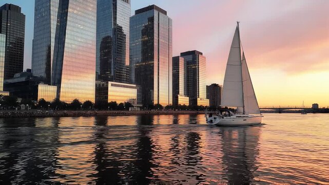 Sunset sailboat gliding on calm water beside a vibrant city skyline, captured from a low horizon view showcasing sky, water, sailboat, city, sunset