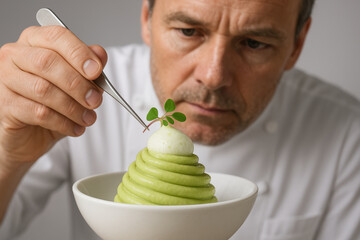 Chef placing herb garnish on green mousse dessert with precision focus