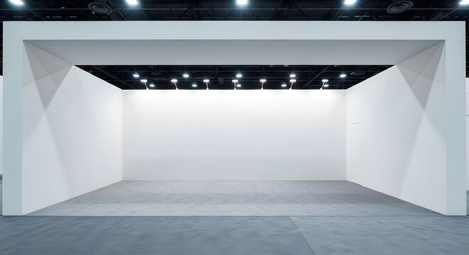 Empty white exhibition booth with bright lights and blank walls ideal for product launches and trade show displays with modern industrial background