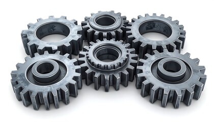 Close-up of metallic gears interlocking against a white background. Shows a machine element assembly, engineering concept