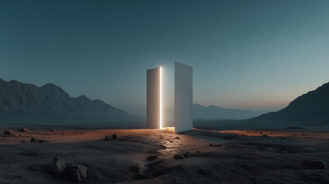 A big  monolith square shape standing at the center with soft light glowing , mountain landscape is background.