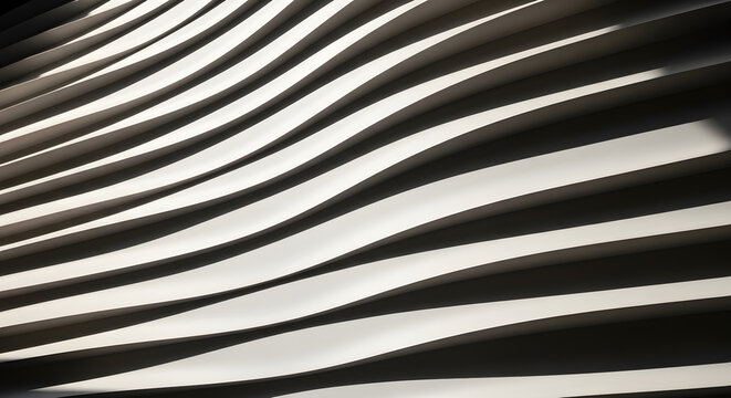Dynamic interplay of light and shadow on a modern architectural facade, featuring flowing abstract curves and elegant monochromatic undulations creating a captivating visual rhythm